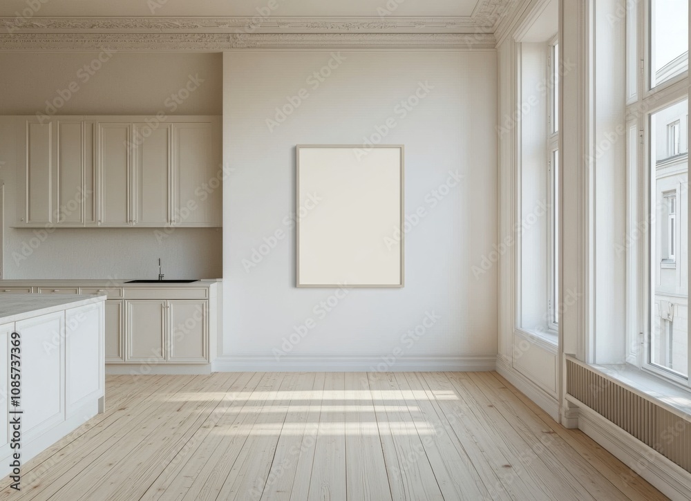 white kitchen with light wood floors, large windows on the right side, and cabinets in soft beige tones white kitchen with light wood floors, large windows on the right side, and cabinets in soft beige tones
