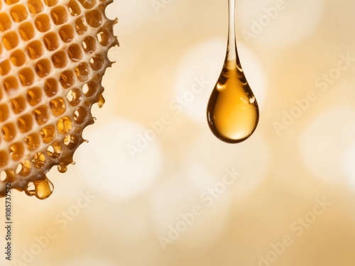 Honey is dripping from a honeycomb with a golden light background. photo