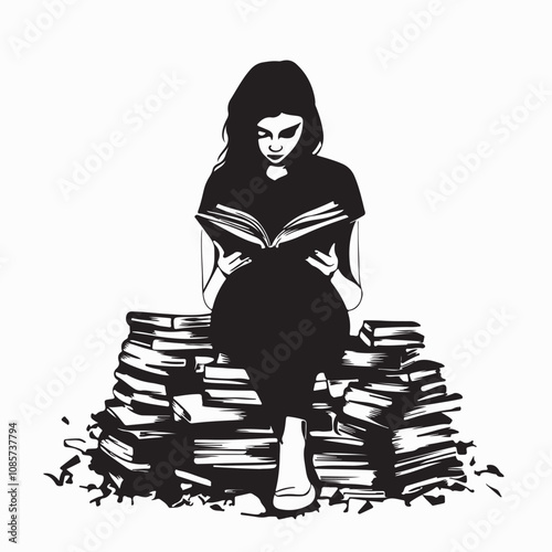 Female student reading many books for exam in the library image vector isolated on white background.