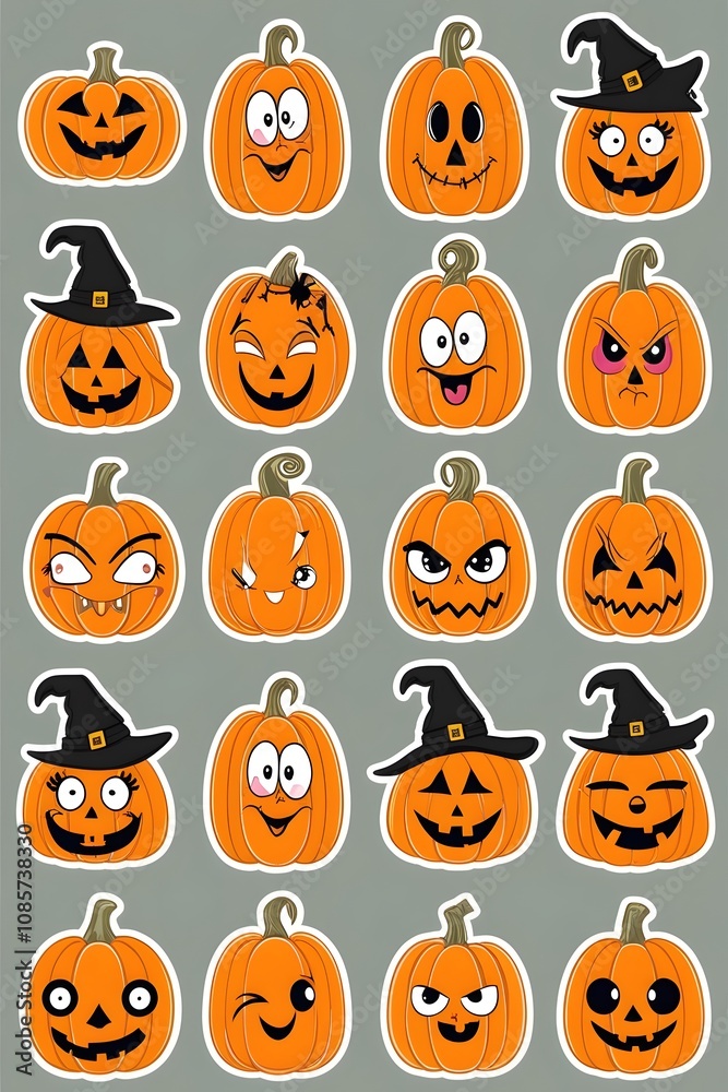 A Spooktacular Collection of Twenty Cartoon Pumpkins with Diverse Halloween Expressions: Jack-o'-lanterns, Witches, and Hilarious Faces for Festive Decorations A Spooktacular Collection of Twenty Cartoon Pumpkins with Diverse Halloween Expressions: Jack-o'-lanterns, Witches, and Hilarious Faces for Festive Decorations