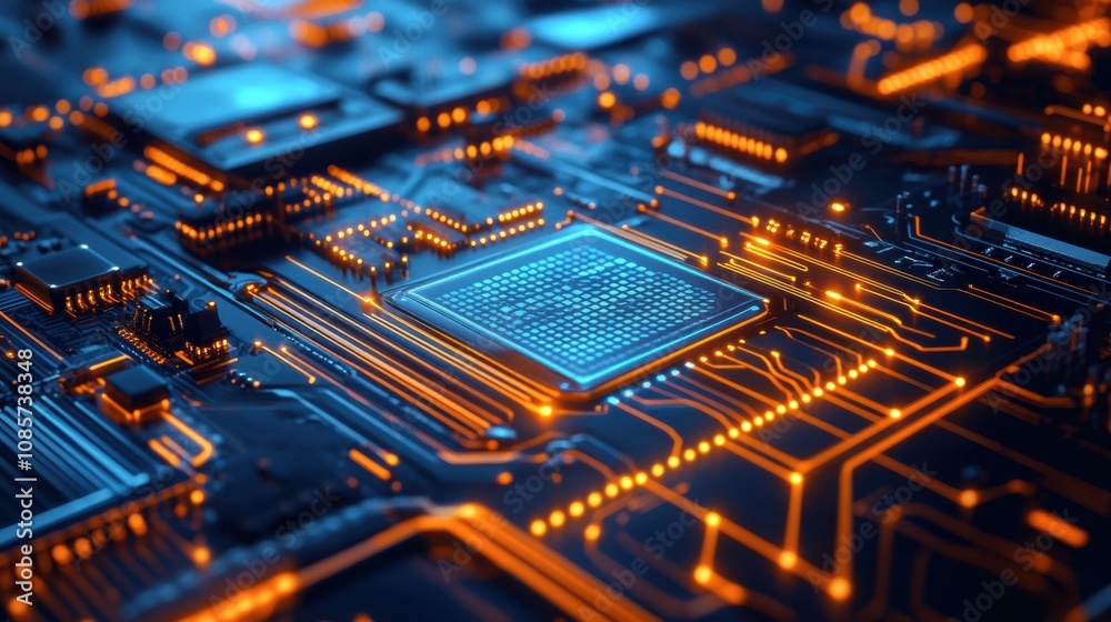 Close-up View of a High-Tech Circuit Board with Glowing Blue and Orange Elements, Illustrating Advanced Technology and Digital Innovation in Modern Electronics Close-up View of a High-Tech Circuit Board with Glowing Blue and Orange Elements, Illustrating Advanced Technology and Digital Innovation in Modern Electronics