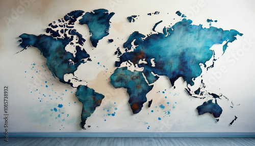 world map on a white wall with blue spots and dots