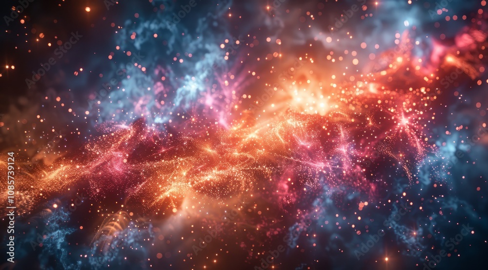 Vibrant nebula with red, blue, and orange cosmic dust and gas clouds. Vibrant nebula with red, blue, and orange cosmic dust and gas clouds.