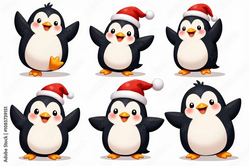 Obraz premium Cute cartoon penguins in santa hats: festive holiday characters perfect for christmas designs.
