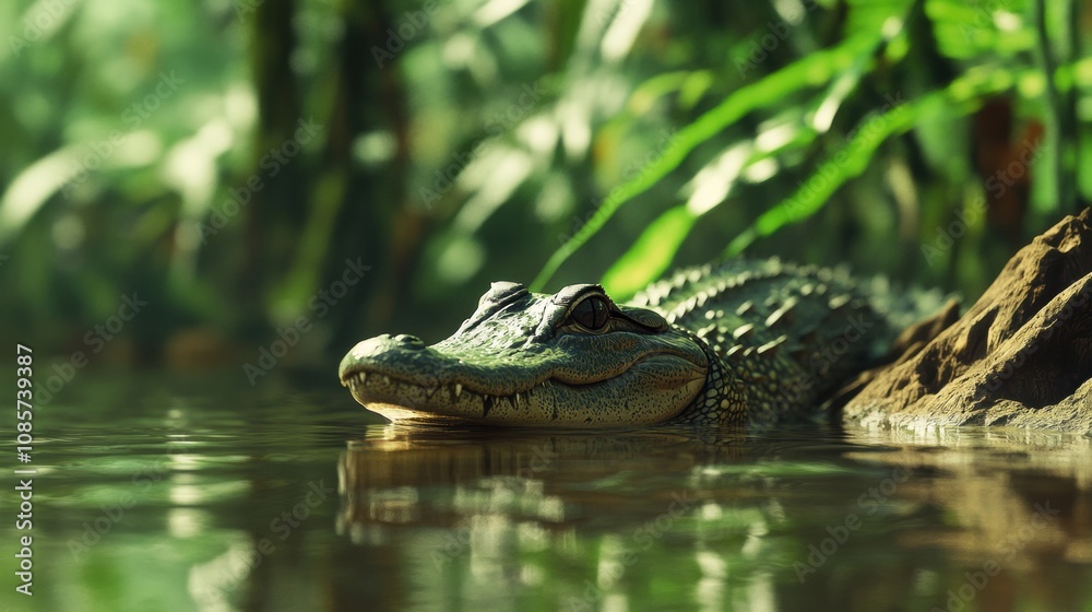 Serene Alligator Resting in a Lush Jungle Environment with Reflections in Calm Water Surrounded by Greenery and Natural Elements Serene Alligator Resting in a Lush Jungle Environment with Reflections in Calm Water Surrounded by Greenery and Natural Elements