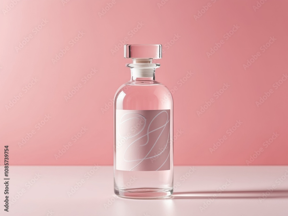 Stylish Clear Glass Bottle with Abstract Label and Pink Background for Modern Branding and Design Projects. Stylish Clear Glass Bottle with Abstract Label and Pink Background for Modern Branding and Design Projects.