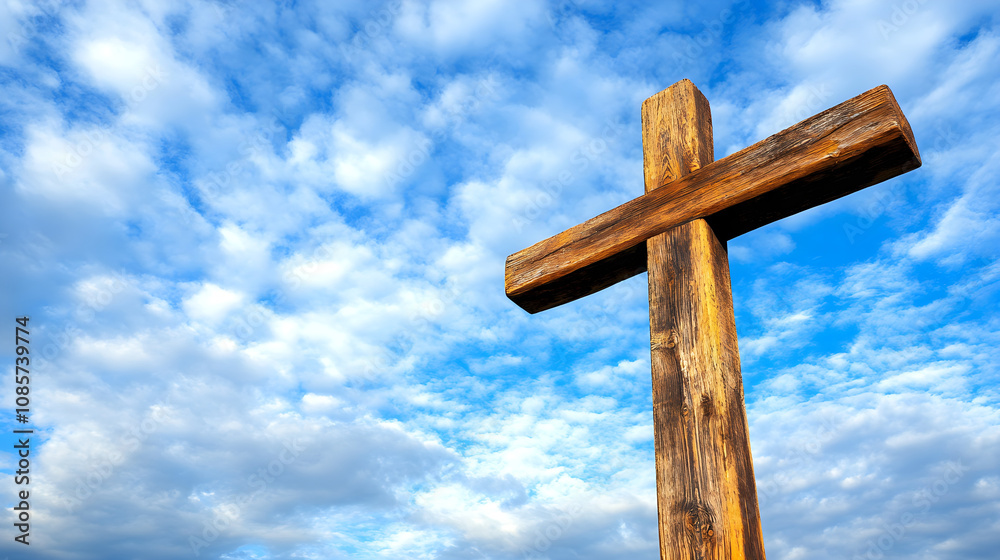 wooden cross stands against beautiful cloudy sky, evoking peace wooden cross stands against beautiful cloudy sky, evoking peace