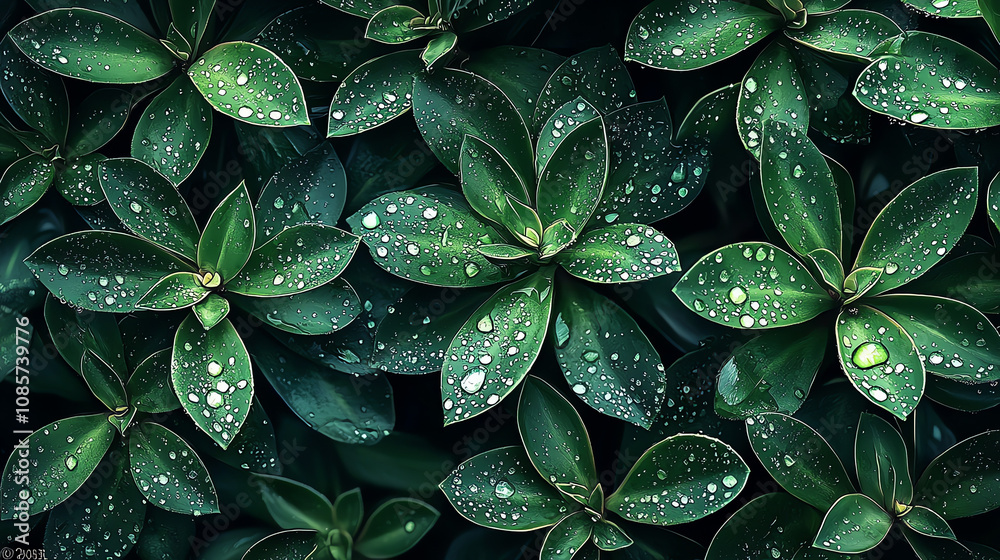 Obraz premium Close-up of succulent leaves with water droplets glistening under natural light in a serene garden setting