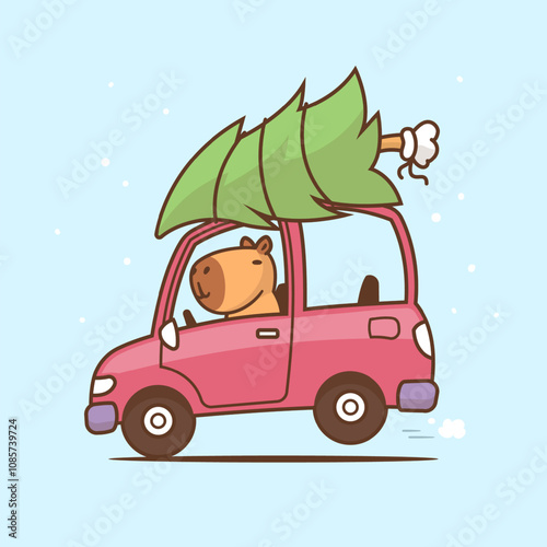 Funny image of a Capybara driving a car with a Christmas tree on the roof. Vector cartoon illustration