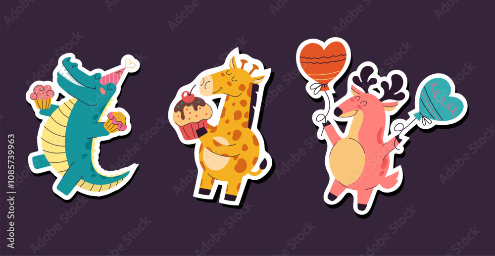 Fototapeta premium Happy birthday animal cute stickers cartoon holiday isolated set collection. Vector isolated graphic design illustration set