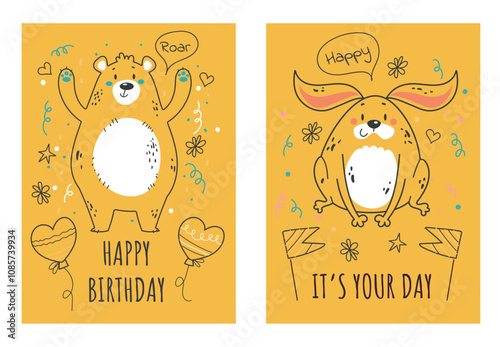 Birthday cards with animals concept. Vector graphic design illustration element