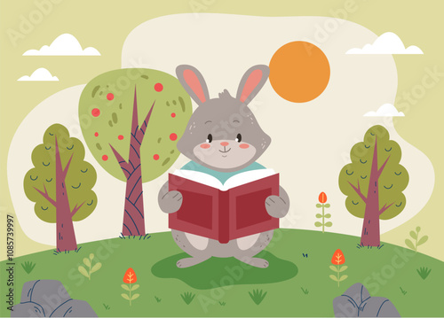 Forest animal characters reading book concept. Vector flat graphic design illustration