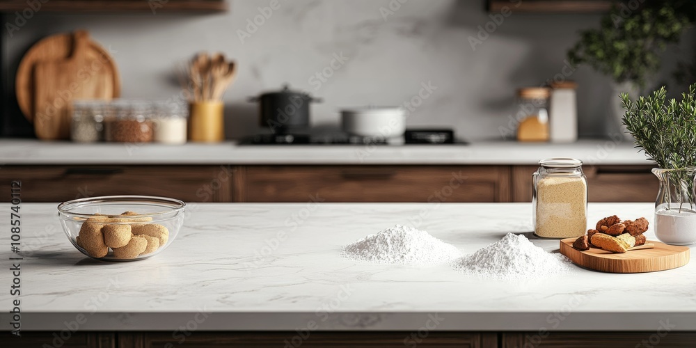 Kitchen Countertop with Various Baking Ingredients Kitchen Countertop with Various Baking Ingredients