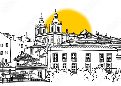 Urban background in hand drawn sketch style. Lisbon Roofs and windows. Old street in romantic Lisbon, Portugal. Ink line drawing. Black and white Vector illustration on white background