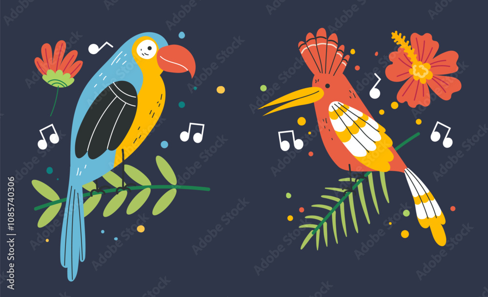 Naklejka premium Jungle tropical birds parrot animal art exotic isolated set. Vector flat graphic design illustration