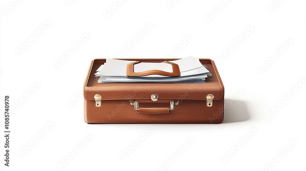 Brown Leather Suitcase with Papers on Top Brown Leather Suitcase with Papers on Top