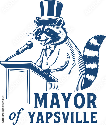 Mayor of Yapsville Quote, Raccoon in Top Hat at Podium  
 Illustration, Sarcastic Raccoon Shirt Design 