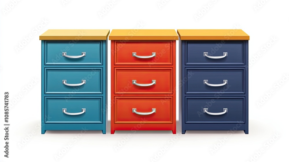 Three Wooden Dressers with Yellow Tops and Metal Handles Three Wooden Dressers with Yellow Tops and Metal Handles