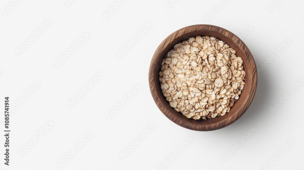 A wooden bowl filled with raw oats, beautifully presented on a white background, highlighting their wholesome, rustic texture. A wooden bowl filled with raw oats, beautifully presented on a white background, highlighting their wholesome, rustic texture.