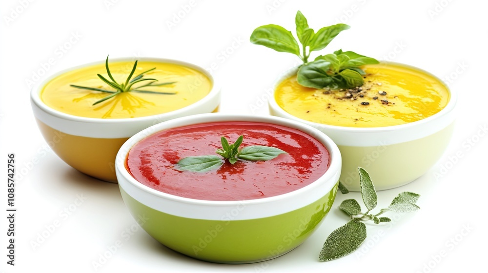 Brightly colored vegetable cream soups in neat bowls with herb garnishes, arranged on a clean white background. Brightly colored vegetable cream soups in neat bowls with herb garnishes, arranged on a clean white background.