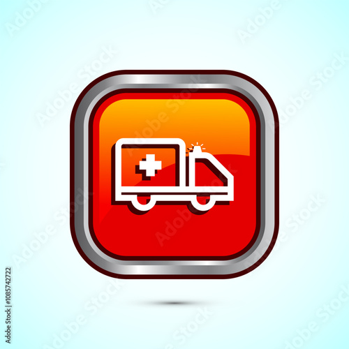 Ambulance icon design illustration. Emergency car, medicine van symbol. Orange Color Square Button Design