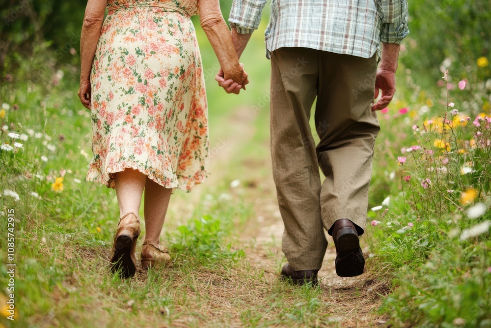 An elderly couple holds hands while walking down a flower-lined path during a sunny afternoon in a peaceful countryside setting An elderly couple holds hands while walking down a flower-lined path during a sunny afternoon in a peaceful countryside setting