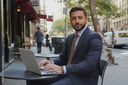Confident middle eastern businessman in suit working on laptop outdoors in new york city