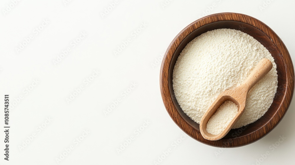Close-up of fine white flour in a wooden bowl with a small scoop, arranged on a clean white background.