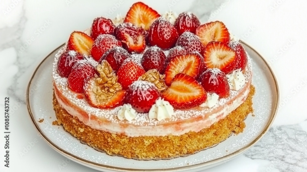 Delicious Strawberry Cake with Cream Topping and Nuts Delicious Strawberry Cake with Cream Topping and Nuts