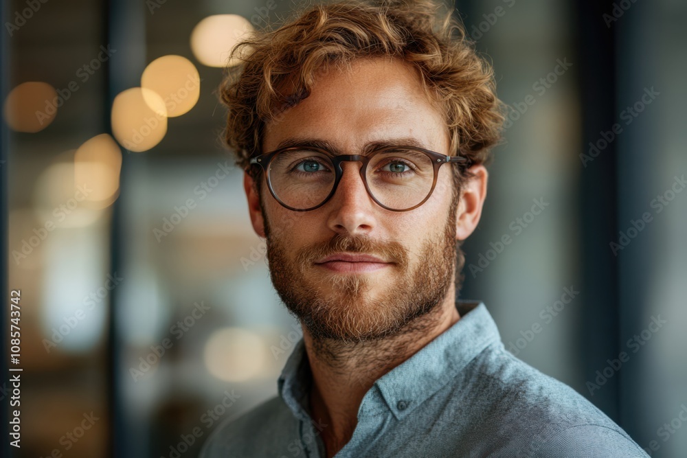 Young man with glasses and curly hair posing confidently in a modern office setting during the daytime Young man with glasses and curly hair posing confidently in a modern office setting during the daytime