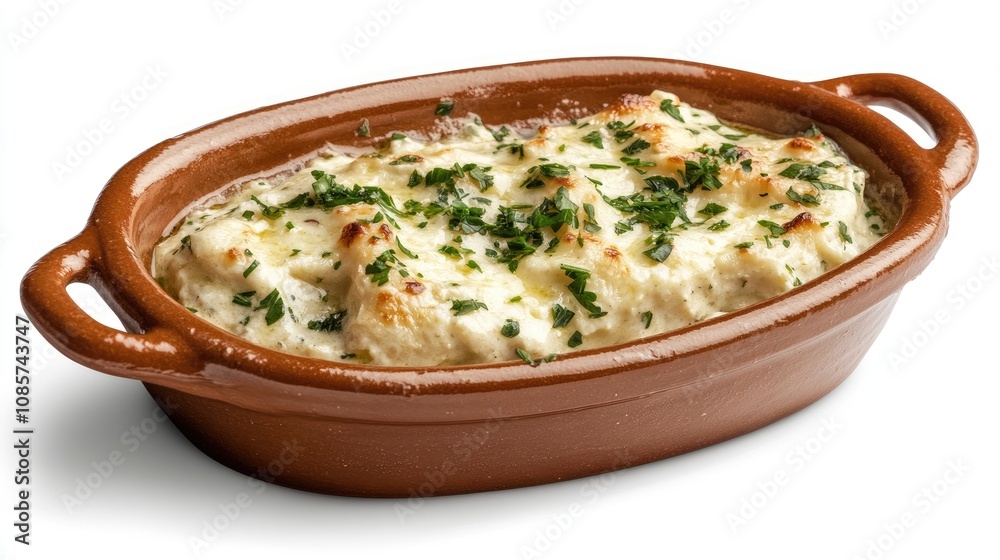 Creamy white garlic sauce in a ceramic dish, garnished with fresh herbs, isolated on white for a clean and elegant presentation. Creamy white garlic sauce in a ceramic dish, garnished with fresh herbs, isolated on white for a clean and elegant presentation.