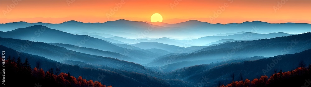 Fototapeta premium A breathtaking sunset over rolling mountains, casting vibrant orange and blue hues across the sky and valleys, creating a tranquil and serene atmosphere.