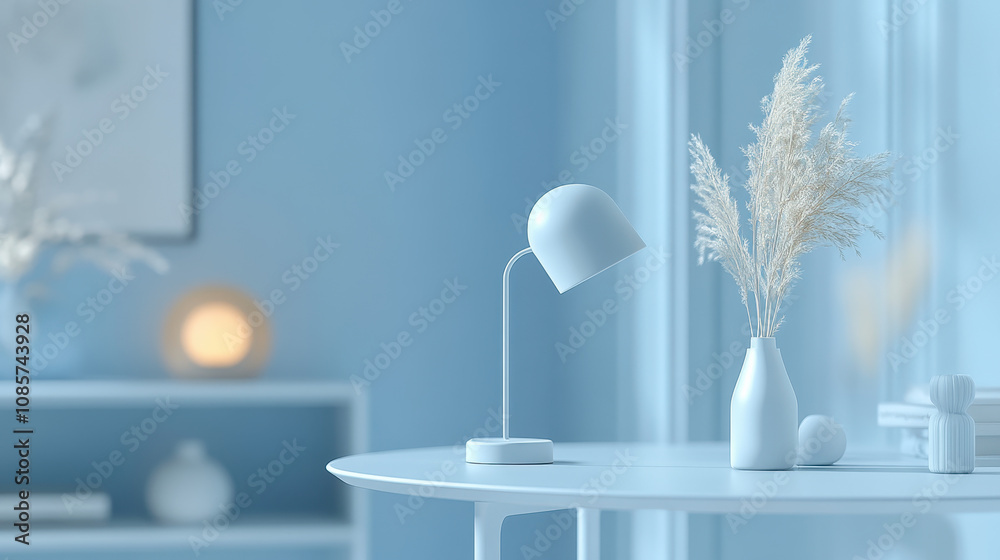 Minimalist Desk with Modern Lamp and Soft Blue Background Minimalist Desk with Modern Lamp and Soft Blue Background
