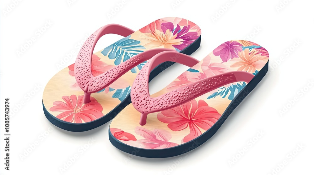 A Pair of Pink and Blue Floral Flip-Flops with Textured Straps A Pair of Pink and Blue Floral Flip-Flops with Textured Straps