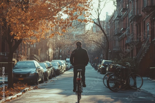 Wallpaper Mural A man rides a bicycle down a quiet street lined with autumn trees and parked cars in a city during the late afternoon light Torontodigital.ca