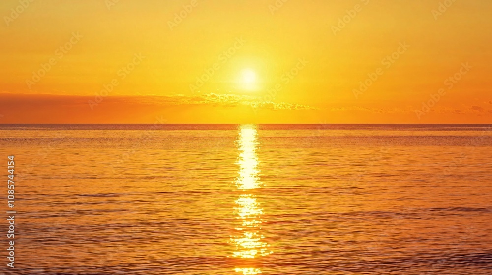 Tranquil Sunrise Over Calm Ocean Waters, Golden Horizon with Reflections and Gentle Waves in a Serene Natural Landscape at Dusk Tranquil Sunrise Over Calm Ocean Waters, Golden Horizon with Reflections and Gentle Waves in a Serene Natural Landscape at Dusk