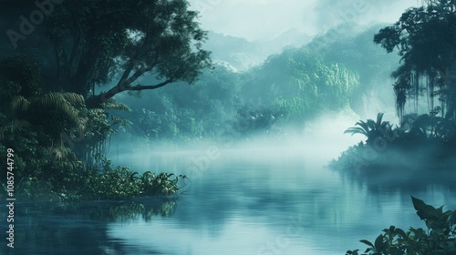 Serene Misty Jungle Landscape with Tranquil River Reflecting Lush Greenery and Enigmatic Fog in a Tropical Paradise at Dawn or Dusk