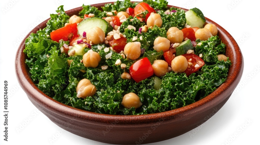 Mixed salad bowl with kale, chickpeas, and seeds on a white background, highlighting a nutritious vegan option. Mixed salad bowl with kale, chickpeas, and seeds on a white background, highlighting a nutritious vegan option.