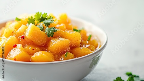 Mango chutney in a white bowl with coriander leaves, bringing a tropical feel on a minimalist white background.