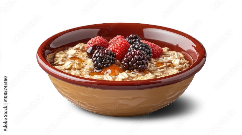 Oatmeal in a ceramic bowl topped with fresh berries and honey, isolated on a white background for a healthy breakfast. Oatmeal in a ceramic bowl topped with fresh berries and honey, isolated on a white background for a healthy breakfast.