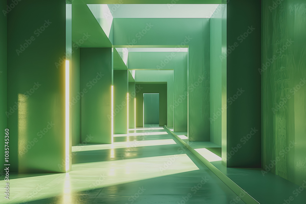 Fototapeta premium Abstract green background with geometric shapes and lighting, 3D illustration.