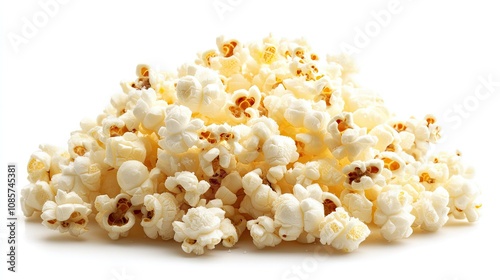 Pile of freshly popped popcorn with light salt sprinkles, isolated on a crisp white background, showcasing texture and detail.