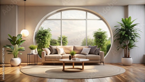 Serene Living Room with Circular Window and Lush Greenery