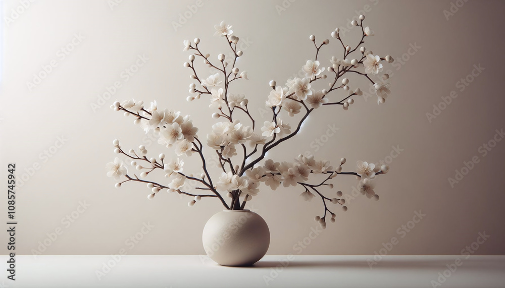 Beautiful branch with white blossoms in a Japanese-inspired minimalist arrangement, enhancing tranquility in interior decor. Generative AI. Beautiful branch with white blossoms in a Japanese-inspired minimalist arrangement, enhancing tranquility in interior decor. Generative AI.