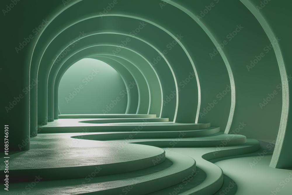 Obraz premium Abstract green background with geometric shapes and lighting, .