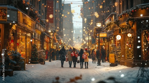 Festive City Street Christmas Shoppers Twinkling Lights