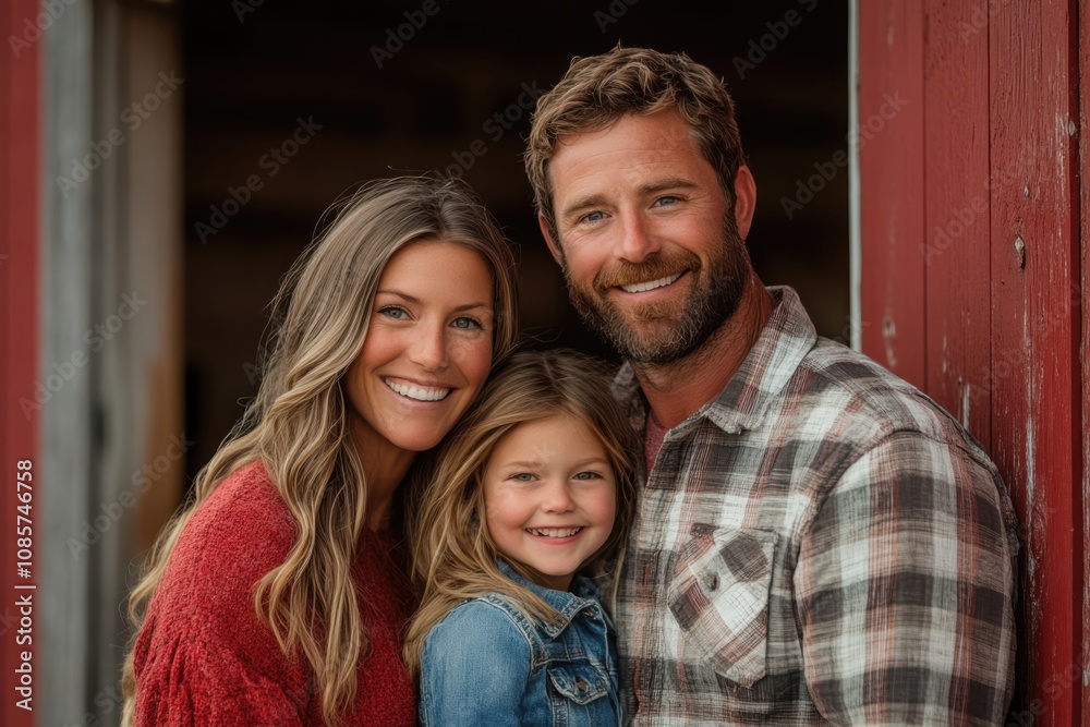 Smiling family portrait in front of a rustic barn during golden hour, showcasing love and warmth in a rural setting Smiling family portrait in front of a rustic barn during golden hour, showcasing love and warmth in a rural setting