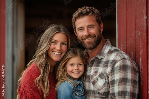 Smiling family portrait in front of a rustic barn during golden hour, showcasing love and warmth in a rural setting