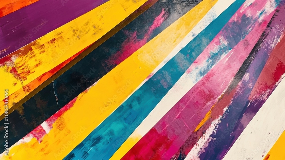 Vibrant Abstract Background with Bold Stripes of Colorful Paints and Textures in Yellow, Purple, Red, and Blue for Creative Art and Design Projects