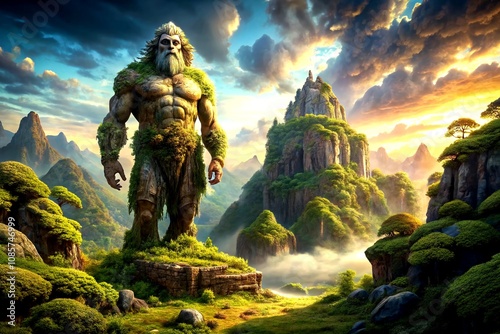 Majestic Stone Giant Illustration Amidst a Lush Landscape with Dramatic Clouds and Copy Space for Text Integration